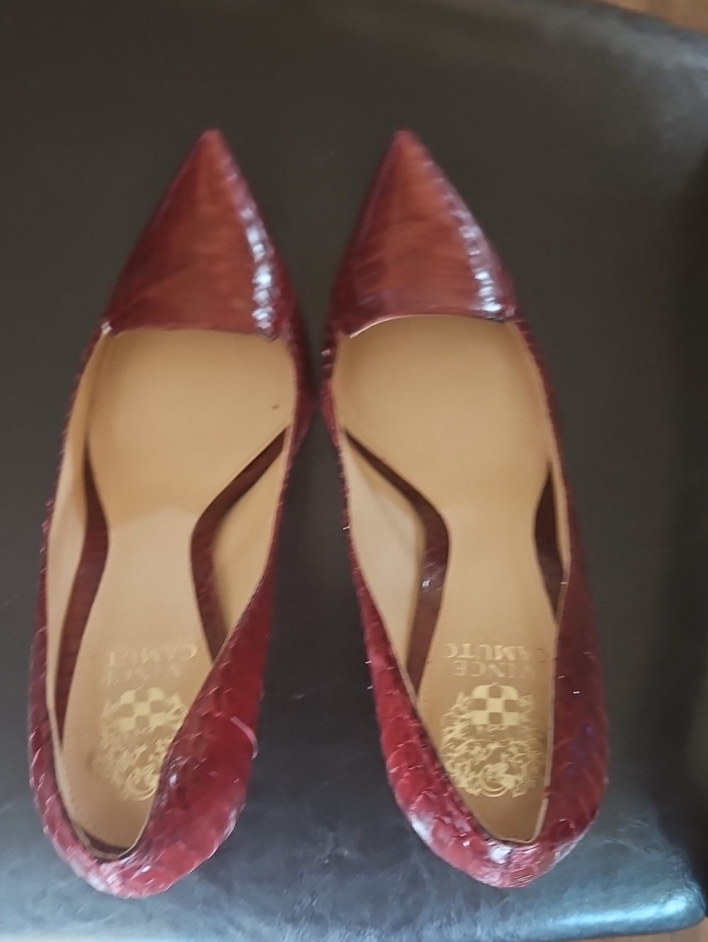 Vince Camuto Pointed Burgundy Snake-Embossed Heels